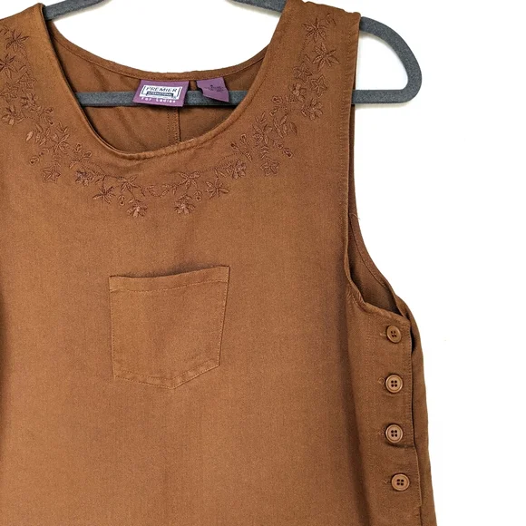 VINTAGE embroidered tan pinafore skirtall dress - Picture 2 of 5